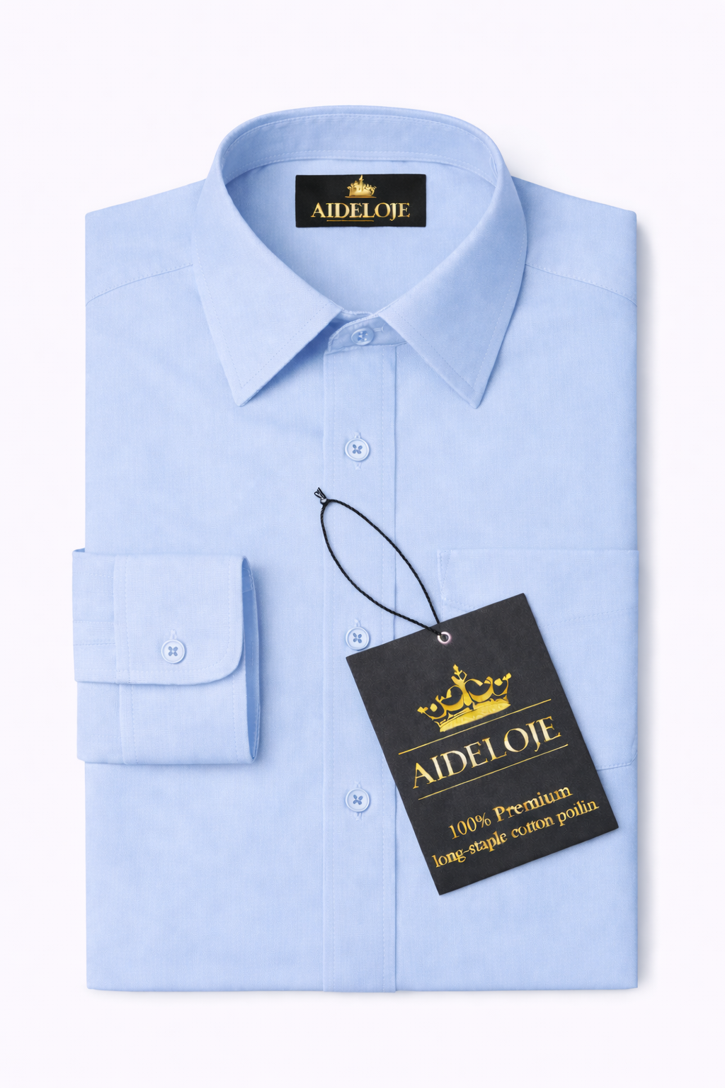 Light blue dress shirt with a black tag displaying 'Aideloeie' on a white background