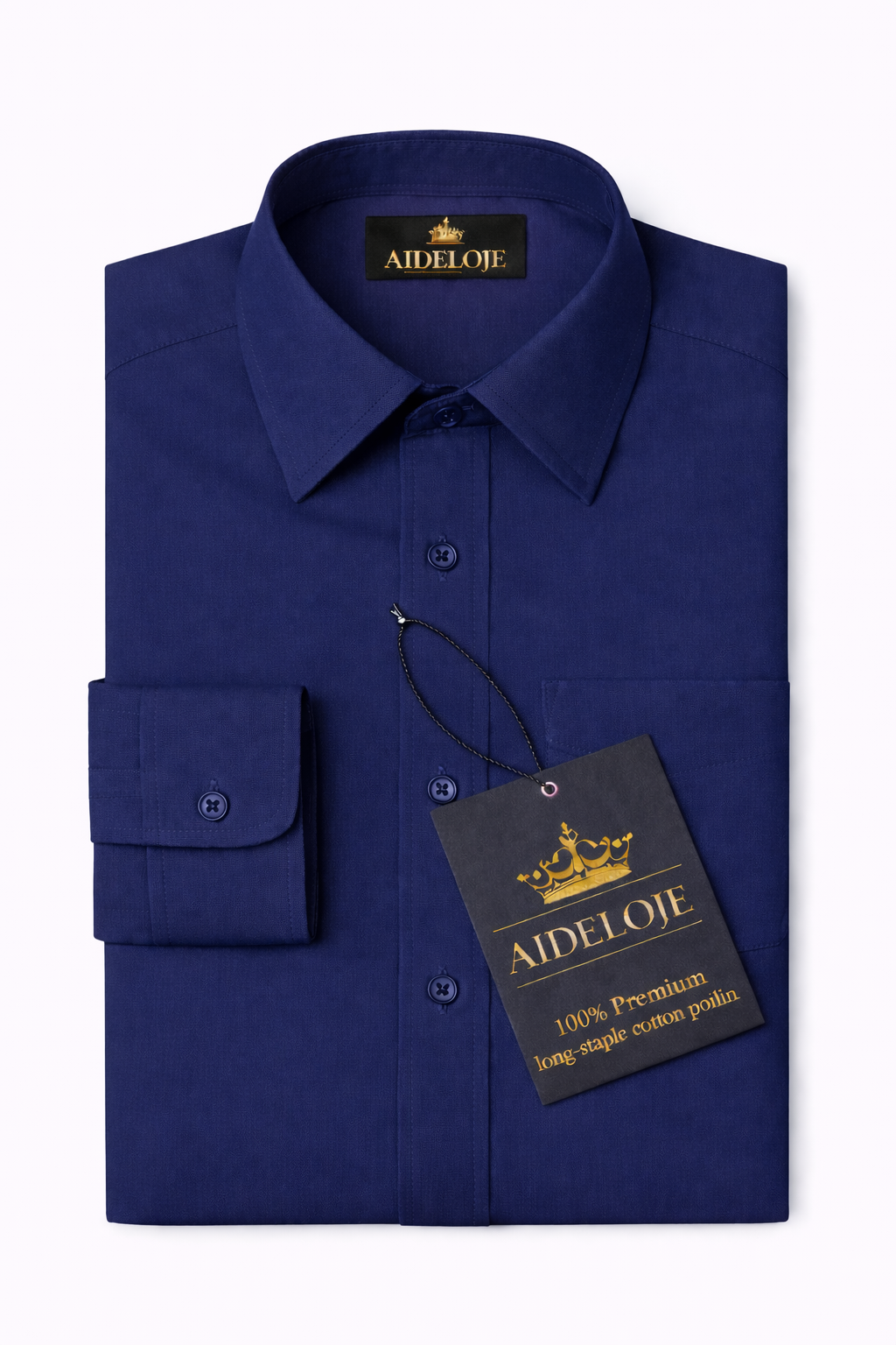 Blue dress shirt with Aideloe tag on a white background
